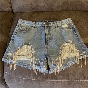 Crystal fringe jean shorts